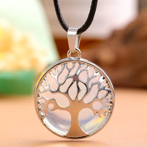 Tree Of Life Round Pendant Opal Glass Stone Pendant Necklace - Picture 2 of 2